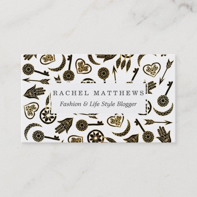 Black and Gold Popular Symbols on White Business Card (Front)
