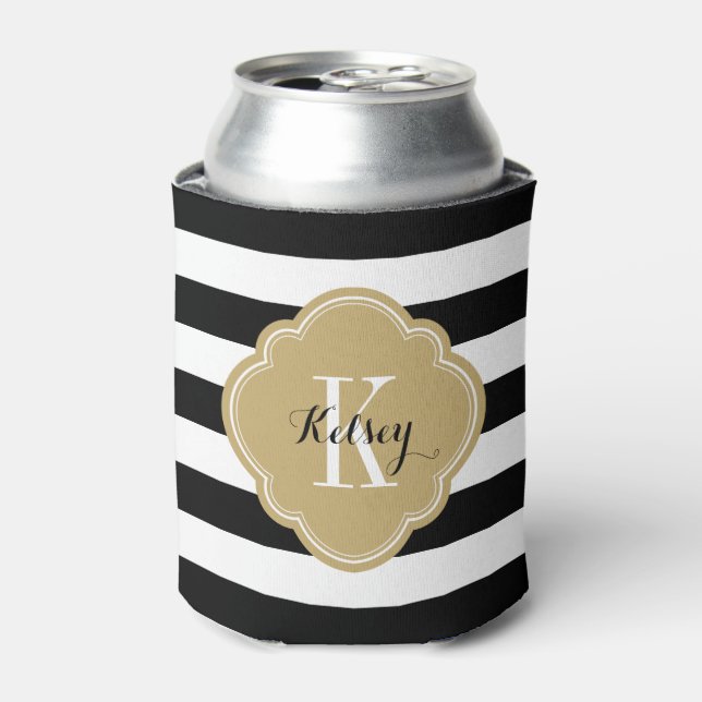 Black and Gold Preppy Stripes Monogram Can Cooler (Can Front)