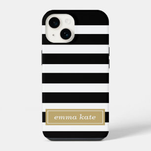 Black and Gold Preppy Stripes Monogram iPhone 14 Case