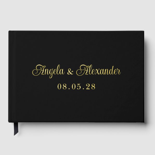 Black and Gold Pretty Curly Script Wedding Guest Book (Front)