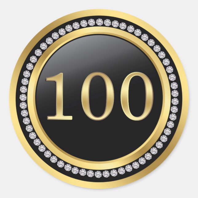 Black and gold, printed diamonds 100th Birthday Classic Round Sticker (Front)
