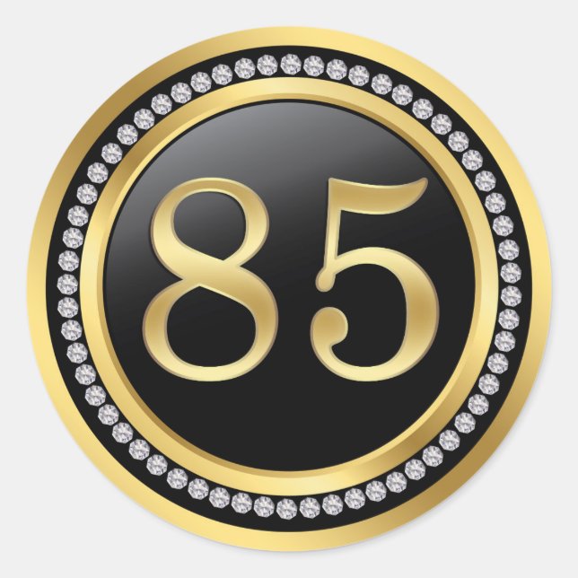 Black and gold, printed diamonds 85th Birthday Classic Round Sticker (Front)