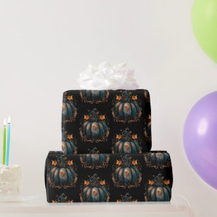 Black and Gold Pumpkin Leaves Pattern Halloween Wrapping Paper