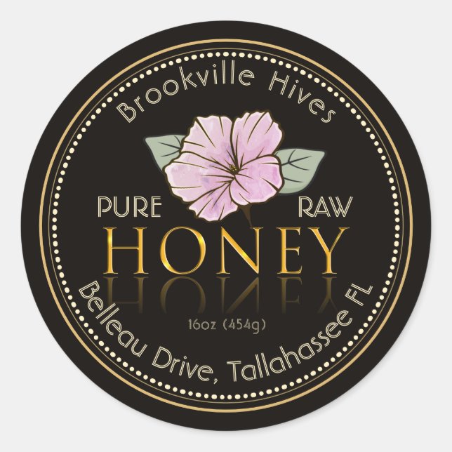 Black and Gold Pure Raw Honey Label Flower Pink (Front)