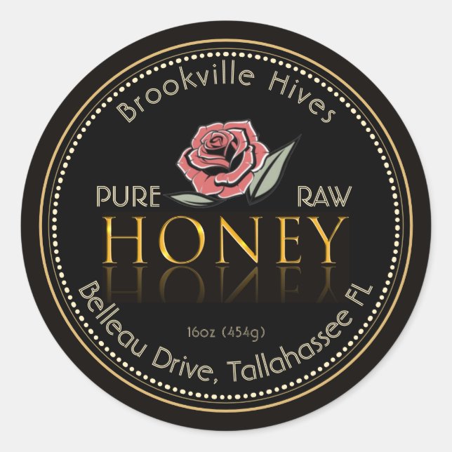Black and Gold Pure Raw Honey Label Flower Rose (Front)