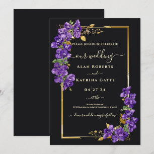 Black and Gold Purple Violets Elegant Wedding Invitation