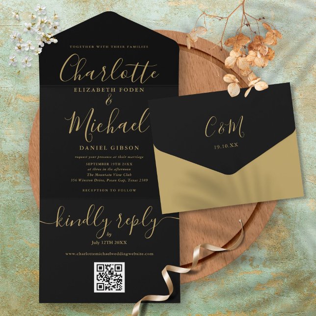 Black And Gold QR Code Minimalist Wedding All In One Invitation (Black And Gold QR Code Minimalist Wedding All In One Invitation)