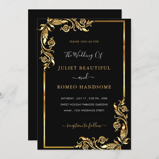 Black and Gold QR Code Wedding Invitation Template (Front/Back)