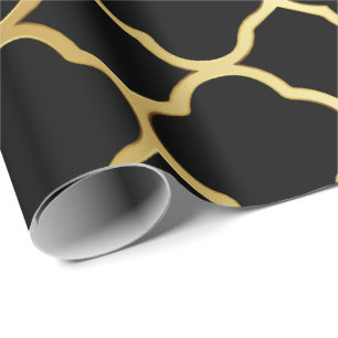 Black and Gold Quatrefoil Pattern Wrapping Paper