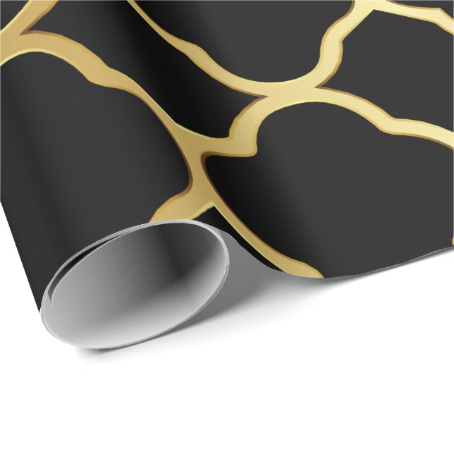 Black and Gold Quatrefoil Pattern Wrapping Paper (Roll Corner)