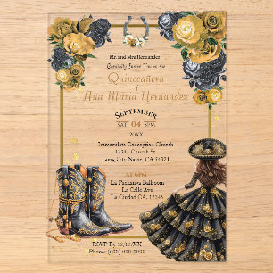Black and Gold Quinceañera Charro Theme Acrylic Invitations