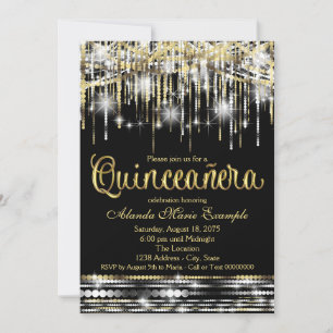 Black and Gold Quinceanera Glitter Glam Sparkle Invitation