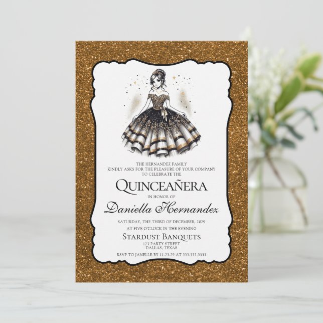Black and Gold Quinceañera Invitation (Standing Front)