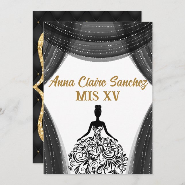 Black and Gold Quinceanera Invitation (Front/Back)