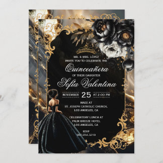 Black and Gold Quinceañera Invitation