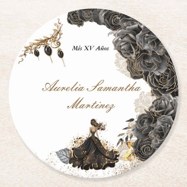 Black and Gold Quinceañera Sticker Round Paper Coaster (Front)