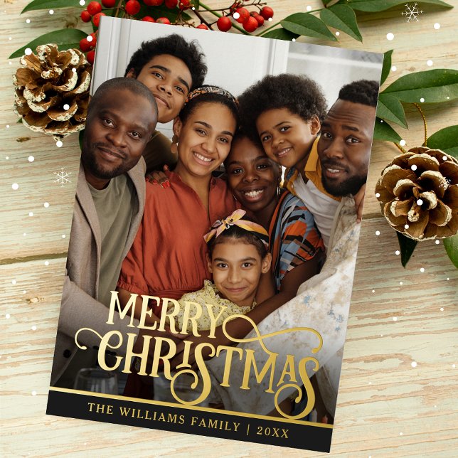Black and Gold Real Foil One Photo Merry Christmas Foil Holiday Card (Creator Uploaded)