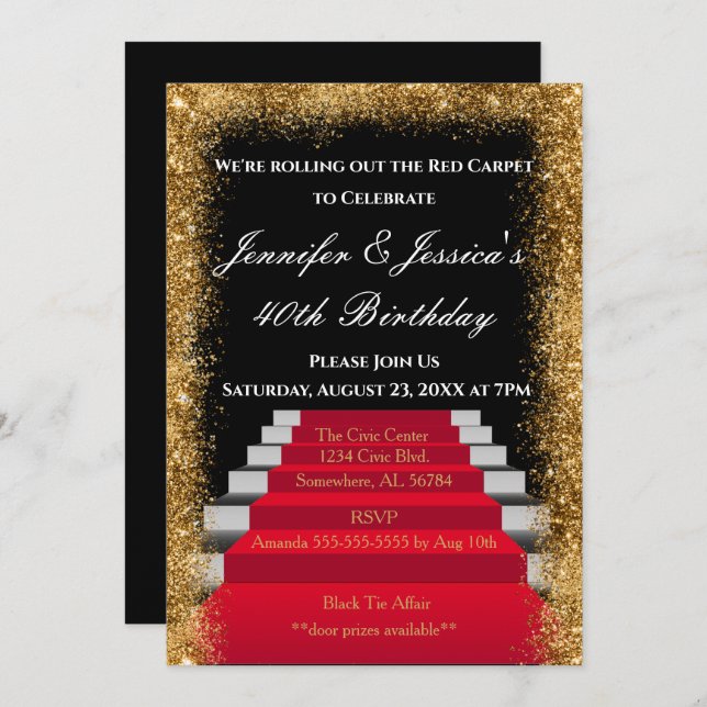Black and Gold Red Carpet Birthday Invitation (Front/Back)