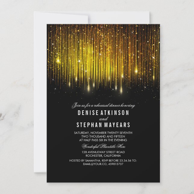 Black and Gold Rehearsal Dinner String Lights Invitation (Front)