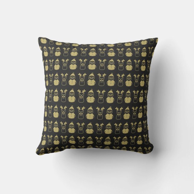Black and Gold Reindeer and Snowman   Throw Pillow (Back)