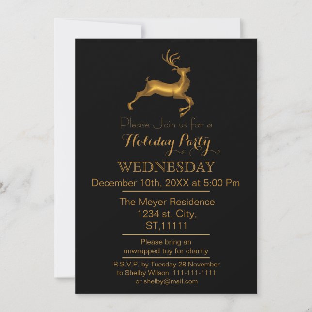 Black and Gold Reindeer holiday party Invitation (Front)