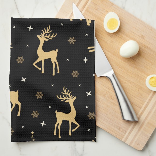 Black and Gold Reindeer Tea Towel (Quarter Fold)