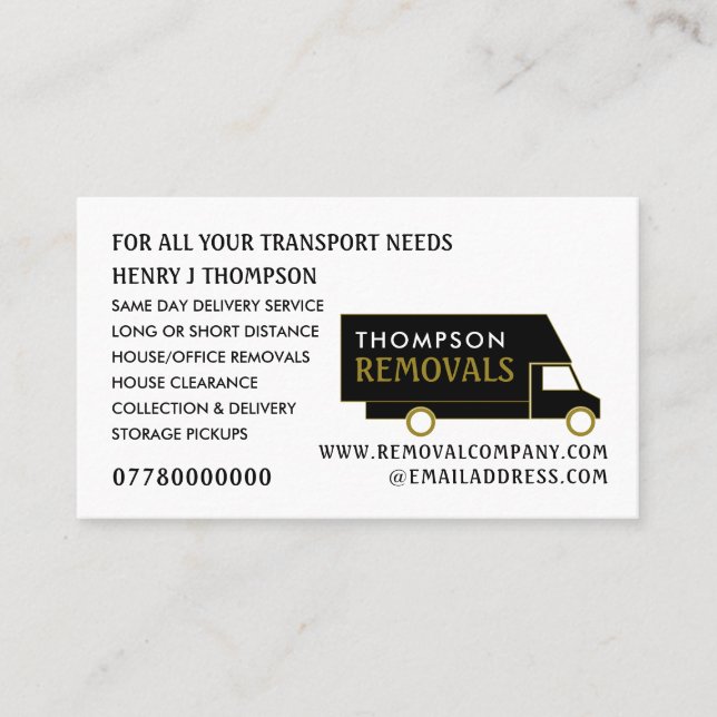 Black and Gold Removal Van, Removal Company Business Card (Front)