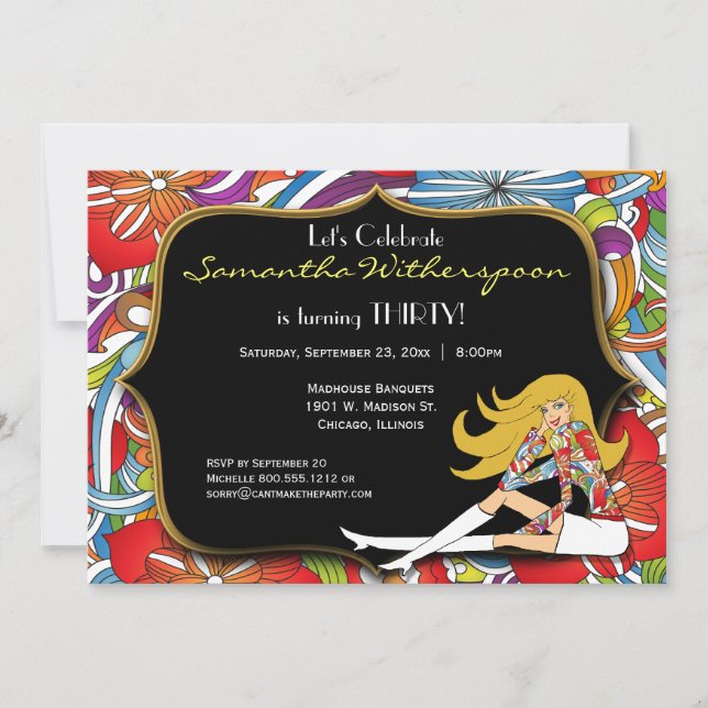 Black And Gold Retro 30th Birthday Party Invitation (Front)