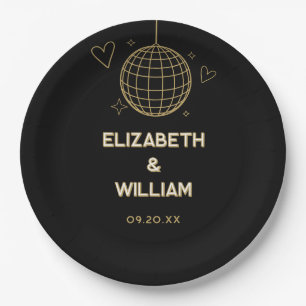 Black And Gold Retro Disco Groovy 70s Wedding Paper Plate