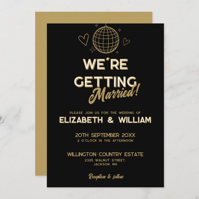 Black And Gold Retro Disco Groovy Wedding Invitation (Front/Back)