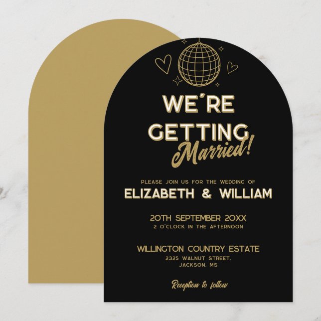 Black And Gold Retro Disco Groovy Wedding Invitation (Front/Back)