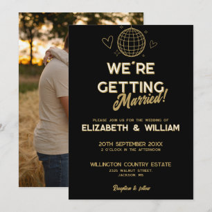 Black And Gold Retro Disco Groovy Wedding Photo Invitation