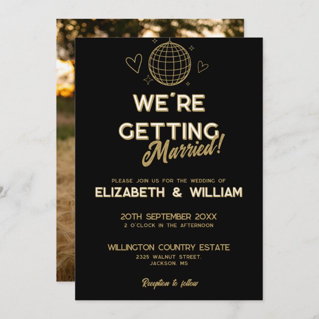 Black And Gold Retro Disco Groovy Wedding Photo Invitation (Front/Back)
