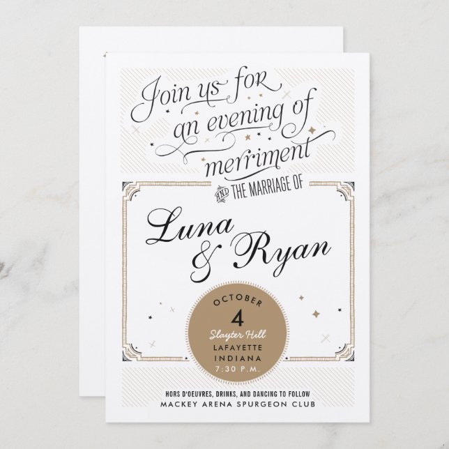 Black and Gold Retro Gatsby Wedding Invitations (Front/Back)