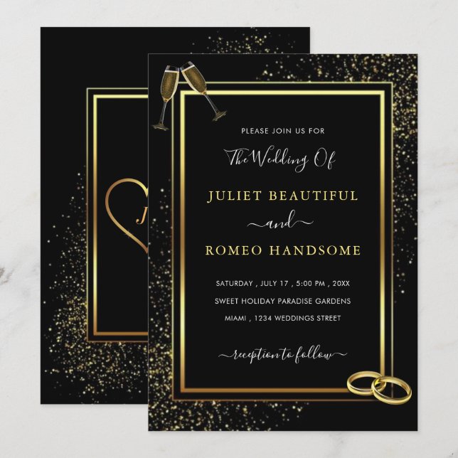 Black and Gold Rings Wedding Invitation (Front/Back)