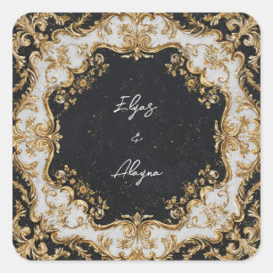 Black and Gold Rococo Frame Wedding Sticker