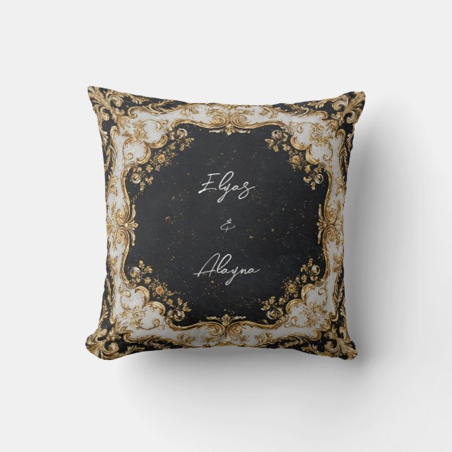 Black and Gold Rococo Frame Wedding Sticker Cushion (Front)
