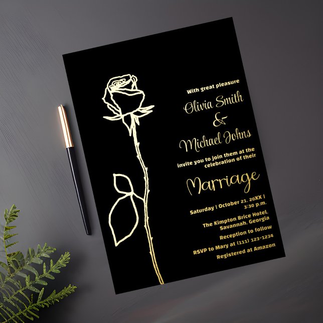 Black and Gold Rose bud Elegant Wedding Invitation (Creator Uploaded)