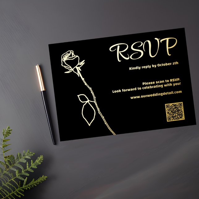 Black and Gold Rose bud QR code RSVP Wedding Foil Holiday Card (Creator Uploaded)