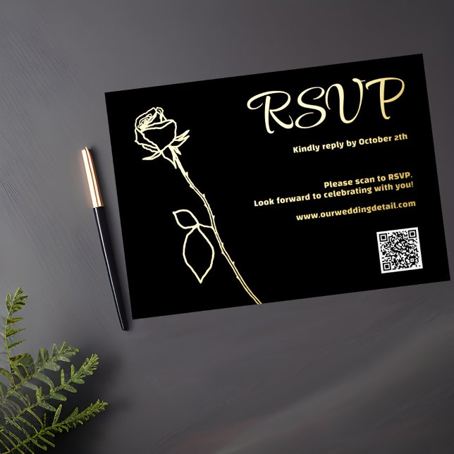 Black and Gold Rose bud QR code RSVP Wedding Foil Holiday Card (Creator Uploaded)