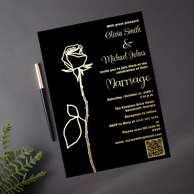 Black and Gold Rose bud QR code Wedding Invitation (Creator Uploaded)
