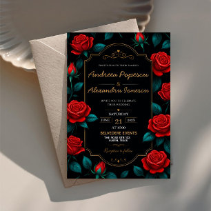 Black and Gold Rose Luxury Gothic Elegant Red Rose Acrylic Invitations