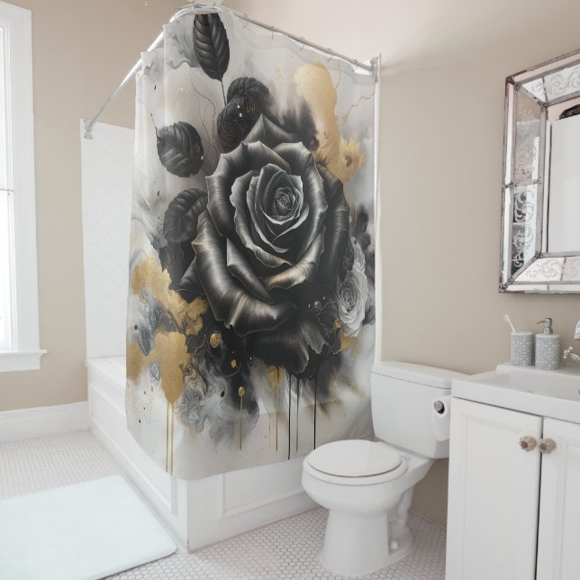 Black and Gold Rose Shower Curtain (In Situ)