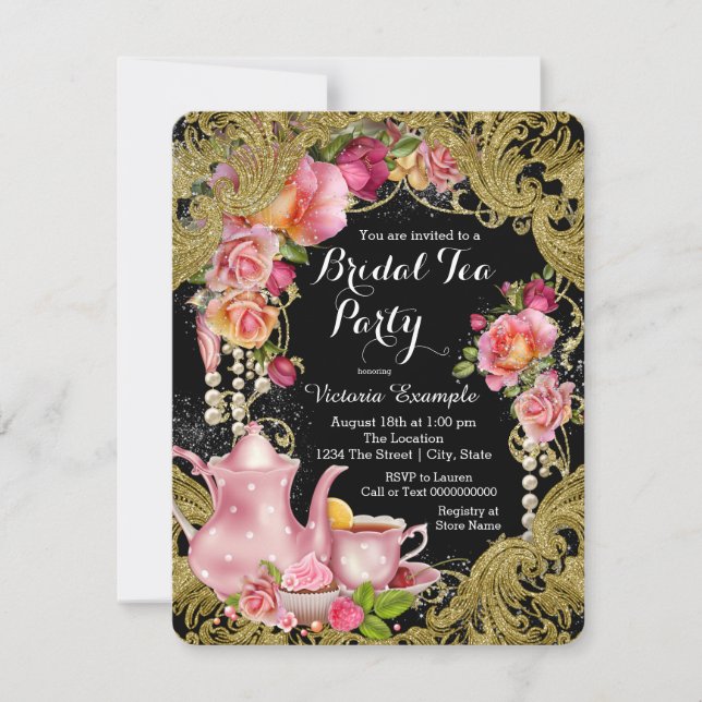 Black and Gold Rose Tea Party Invitation (Front)