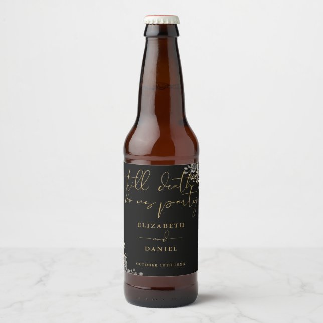 Black And Gold Roses Floral Gothic Wedding Beer Bottle Label (Front)