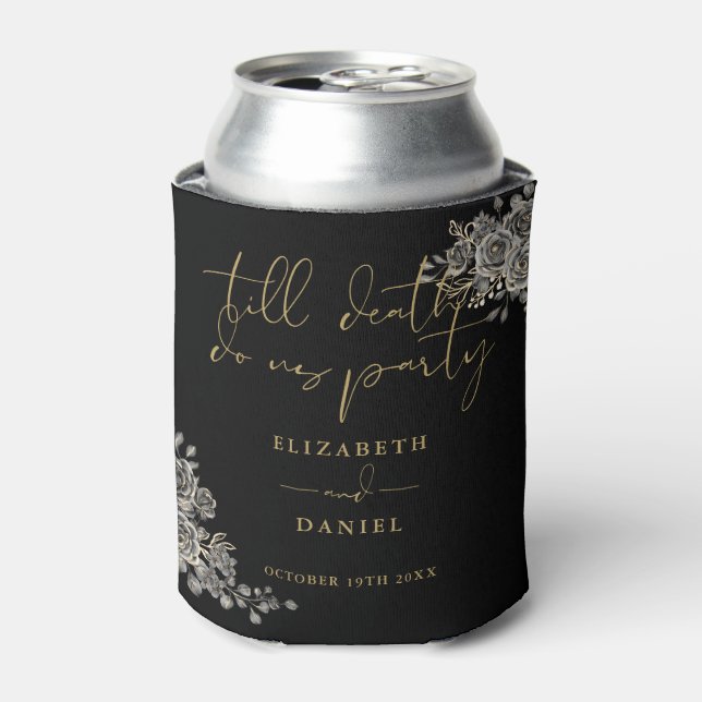 Black And Gold Roses Floral Gothic Wedding Can Cooler (Can Front)