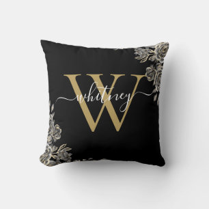Black and Gold Roses Floral Monogram Script Name   Cushion