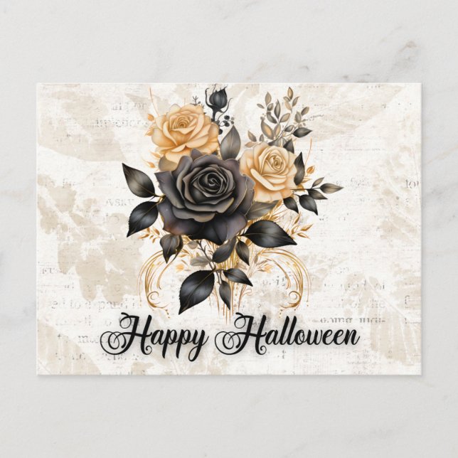 Black and Gold Roses Leaves Foliage Halloween Holiday Postcard (Front)