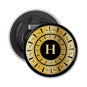 Black and Gold Round Greek Key Custom Monogram Bottle Opener