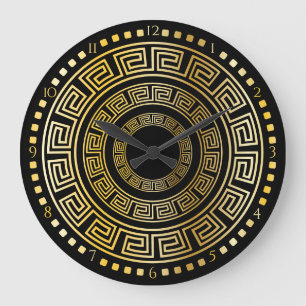 Black and Gold Round Greek Key Large Clock